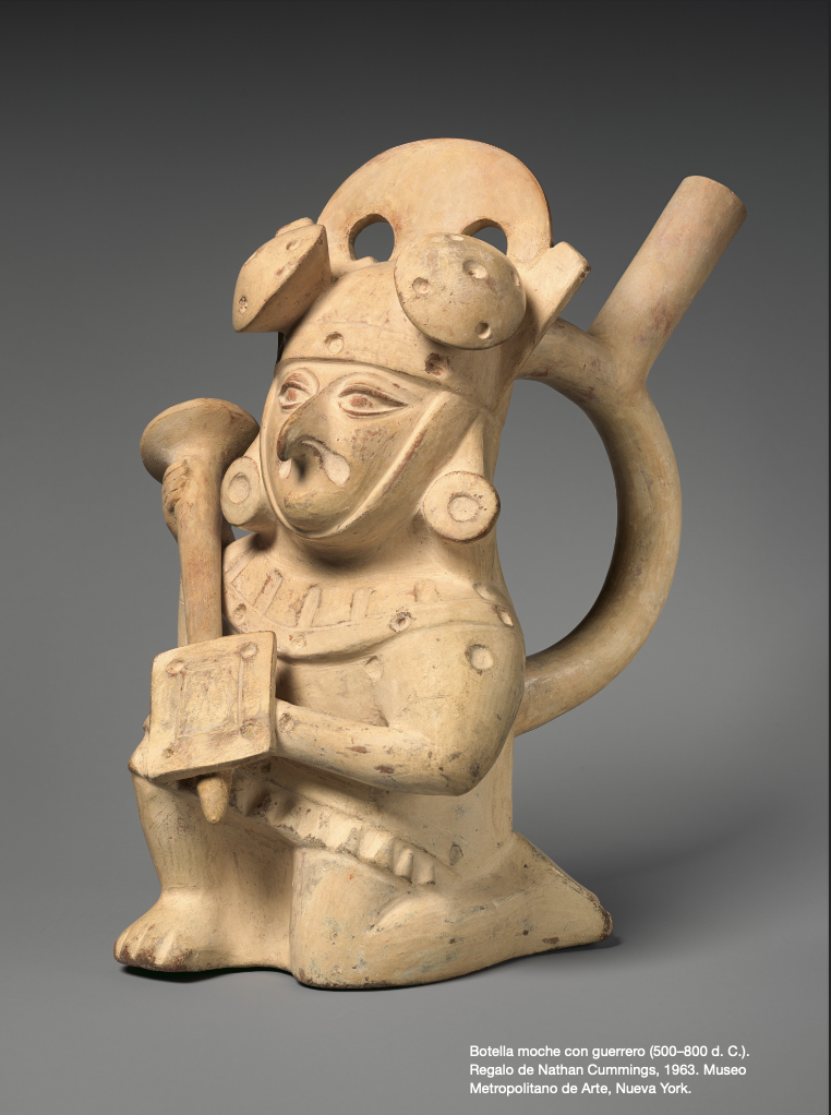 Botella moche con guerrero (500–800 d. C.). Regalo de Nathan Cummings, 1963. Museo Metropolitano de Arte, Nueva York.